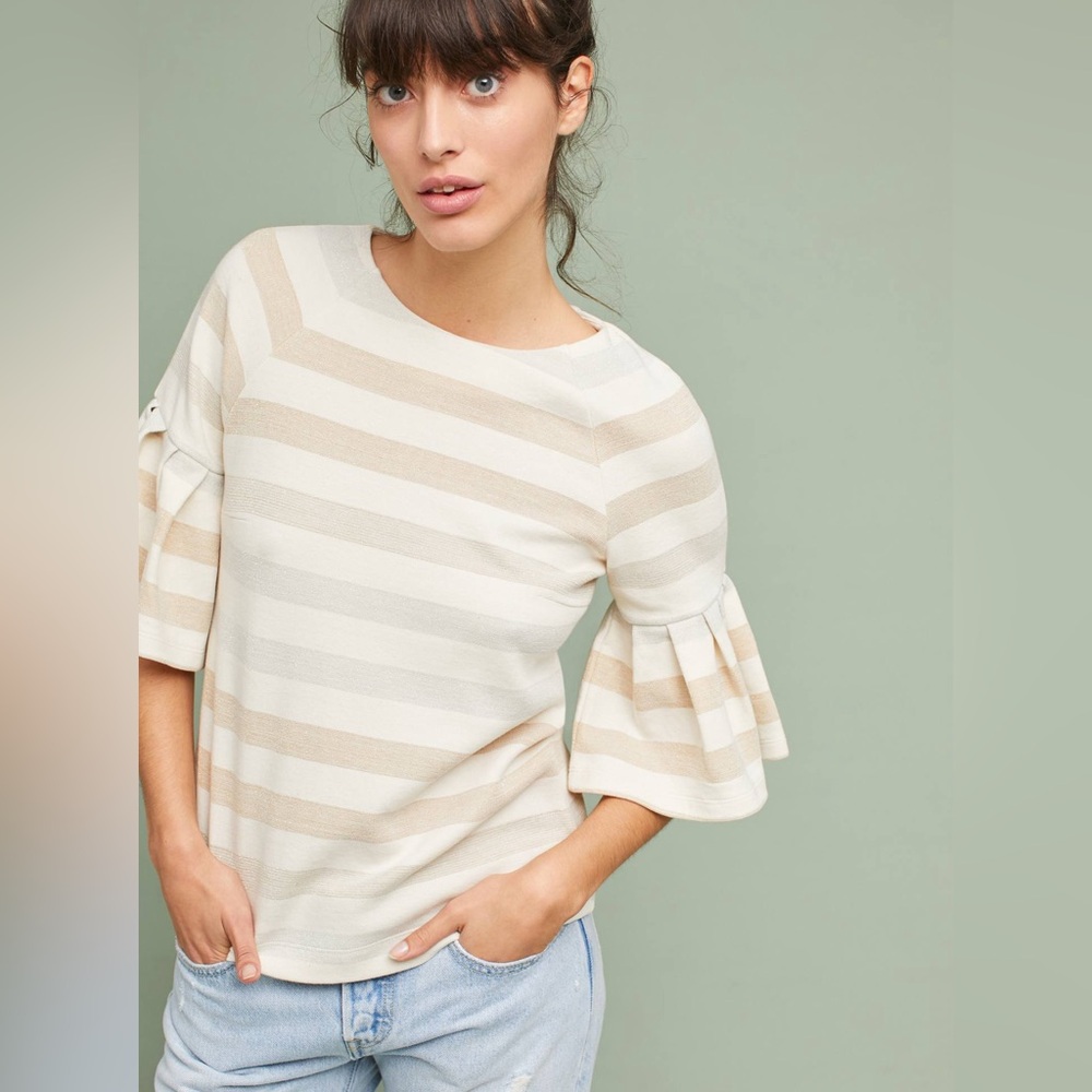 Anthropologie Maeve Striped Ruffled-Sleeve Top